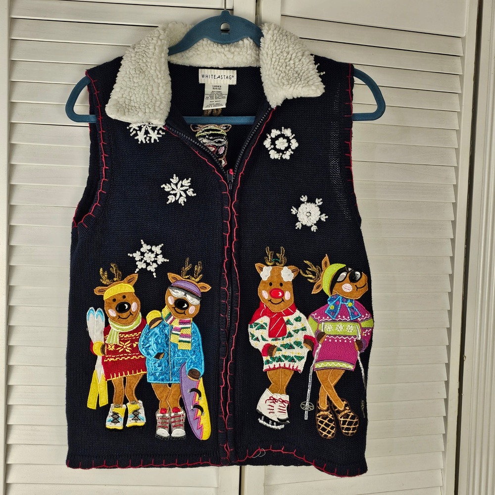 White Stag Womens Embroidered Reindeer Full Zip Sweater Vest Small 4 6